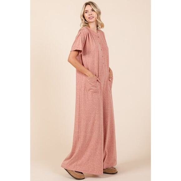 Mittoshop Button Detail Short Sleeves Relaxed Fit Wide Leg Jumpsuit | Ginger - Picture 5 of 6